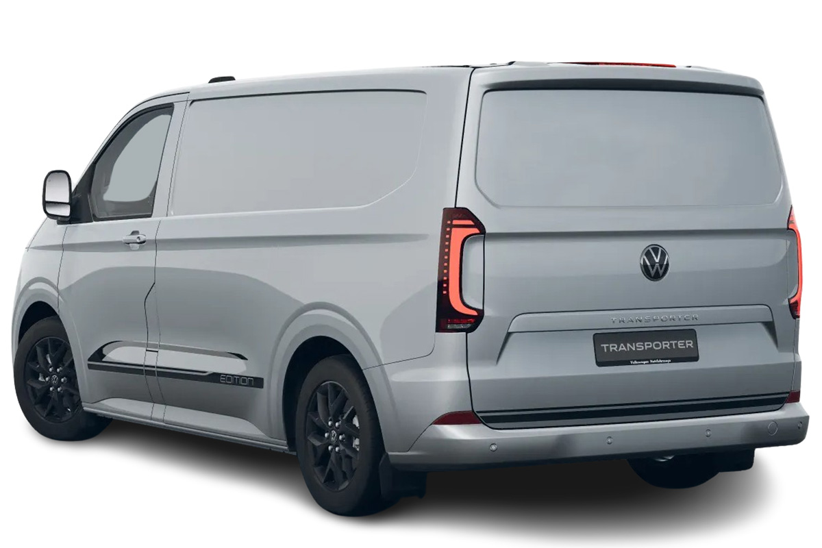 zu sehen ist ein grauer VW-Transporter von hinten
