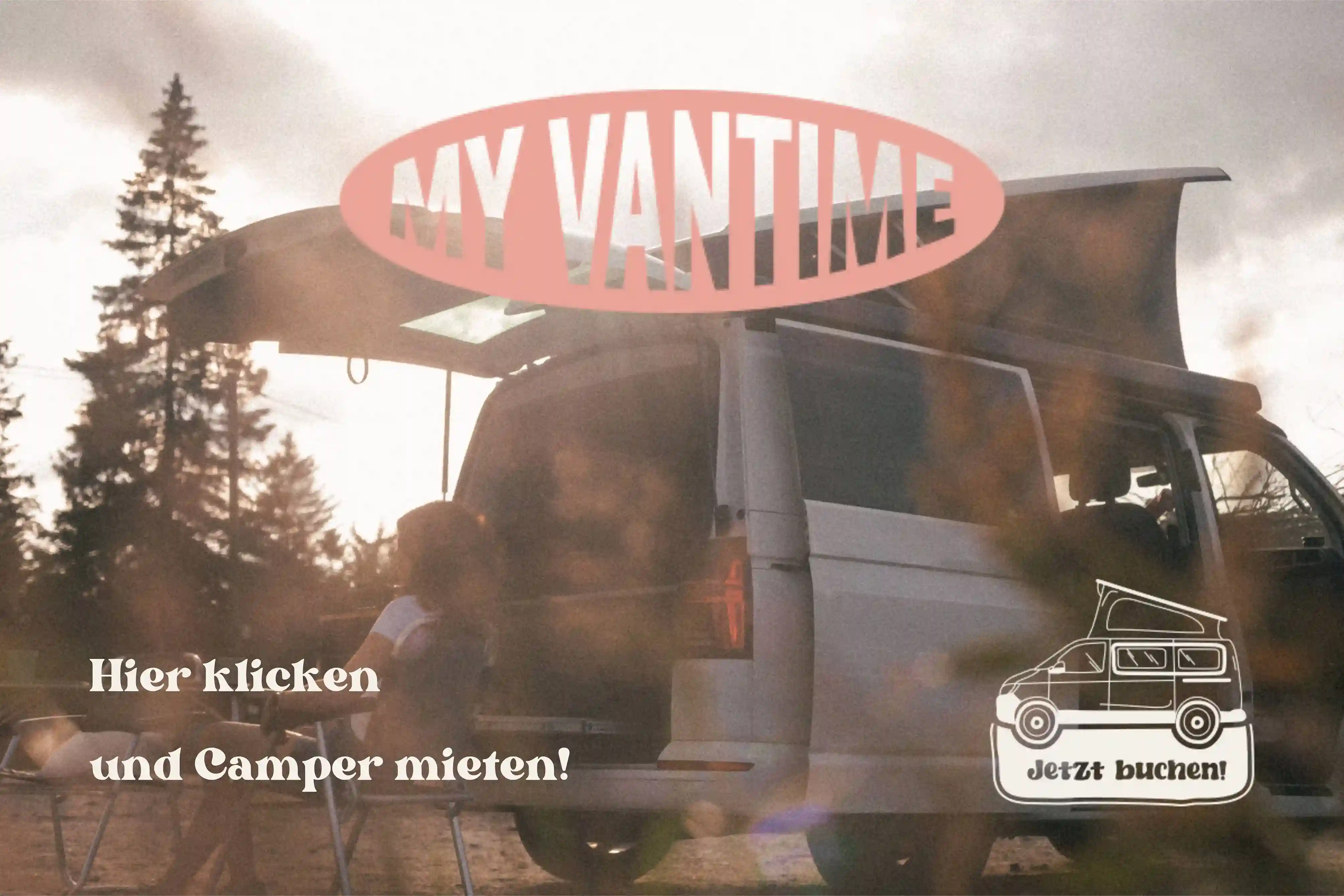 Camper mieten bei My Vantime - zu sehen ist ein Camper mit einer Person bei Sonnenuntergang